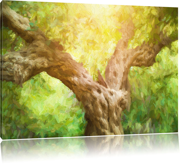 Pixxprint Mächtiger Baum im Wald Kunst Pinsel Effekt, Format: 100x70 auf Leinwand, XXL riesige Bilde