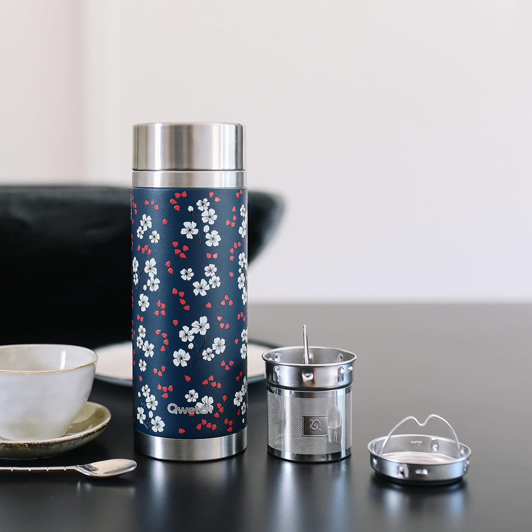 Qwetch - Teekanne mit Thermoskanne – Hanami blau 400 ml – Infuserflasche Nomade Edelstahl – 5 Stunde