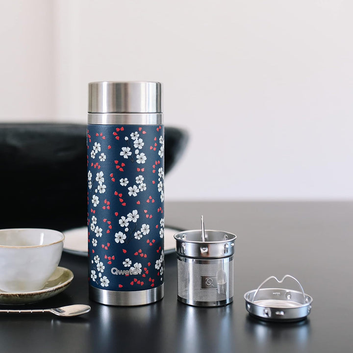 Qwetch - Teekanne mit Thermoskanne – Hanami blau 400 ml – Infuserflasche Nomade Edelstahl – 5 Stunde