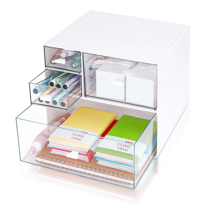 2Tier stapelbare Aufbewahrungsfächer, weisser Kunststoff-Schreibtisch-Organizer mit 4-Schublade, kla