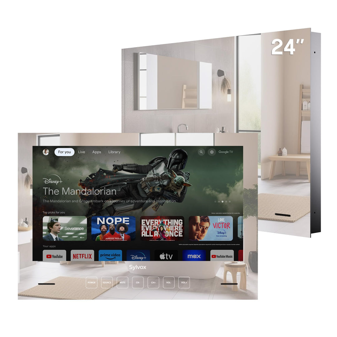 SYLVOX Spiegel Fernseher für Bad 24 Zoll, Wasserdichter IP66 Google TV 1080P | 60Hz| Hotspot &amp; WiFi