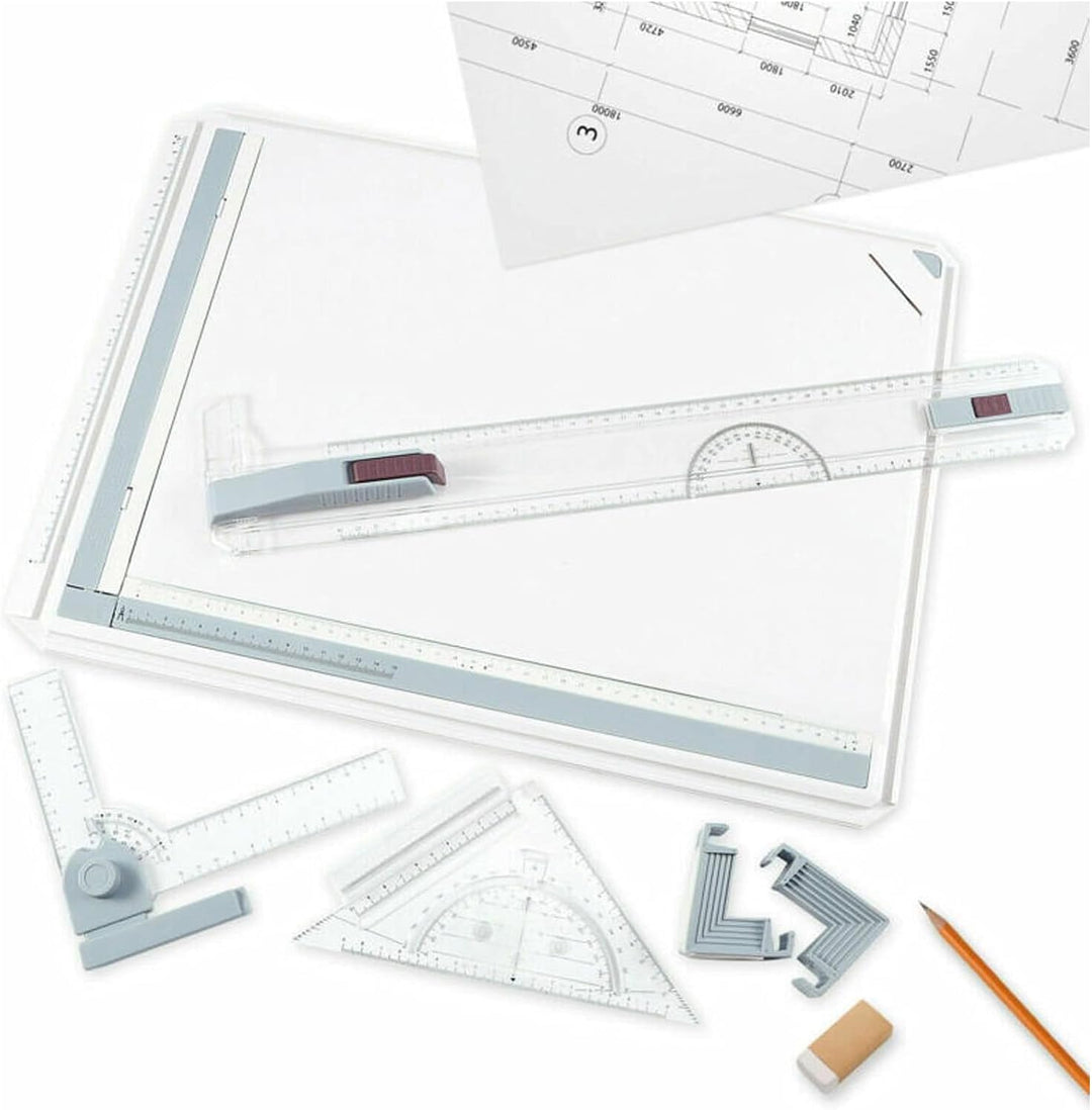 A3 Zeichenbrett 51×37cm – Verstellbarer Zeichenwinkel, Profi-Zeichenplatte mit Schiebelineal, T-Quad