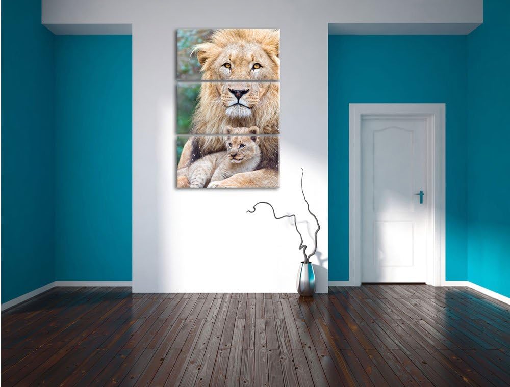 Pixxprint Löwe kuschelt mit Jungtier als Leinwandbild/Grösse: 3 Teilig (120x80) cm/Wandbild/Kunstdru