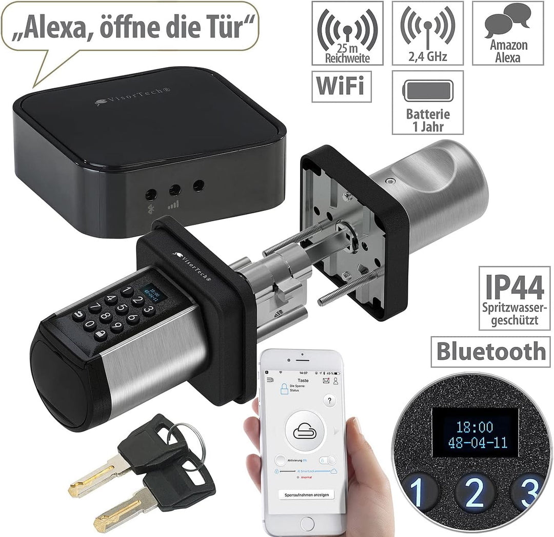 VisorTech Türschlösser: Elektronischer Tür-Schliesszylinder, Code, 2 Schlüssel, IP44, m Gateway (Tür