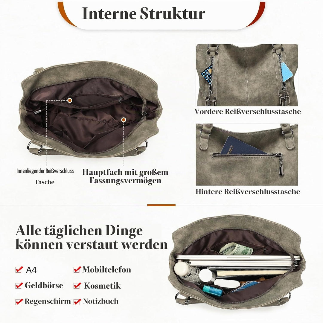 VINBAGGE Damen Handtasche PU Leder Henkeltasche Shopper Tasche Vintage Weiches Umhängetasche Schulte
