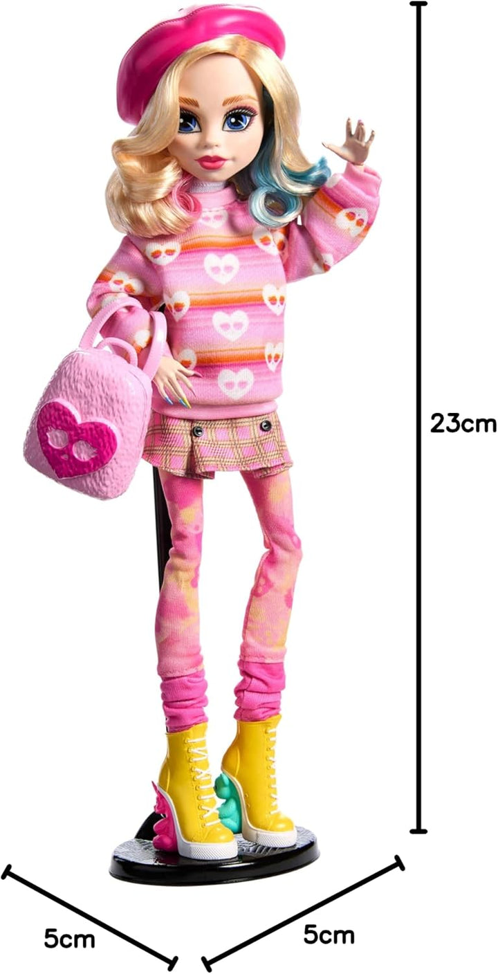 Monster High Wednesday Puppe und Accessoires, Enid Sinclair Sammelfigur in pink mit Baskenmütze und