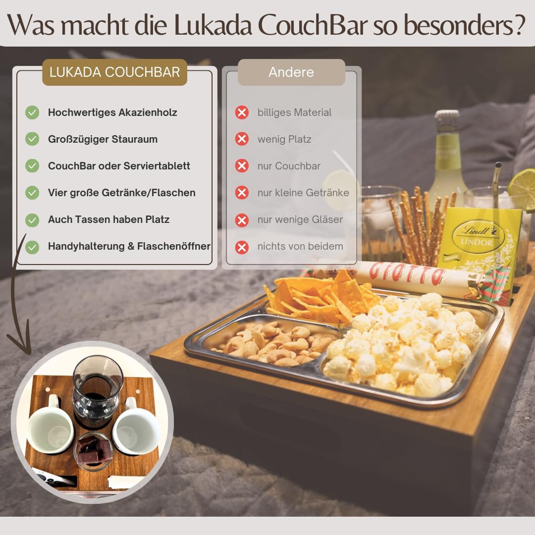 Lukada Premium Couchbar Snackbox | XXL Snackschale & 4 Getränkehalter | Akazien Holz & Bambus Sofata