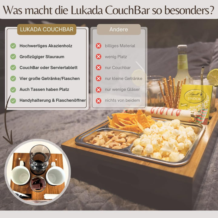 Lukada Premium Couchbar Snackbox | XXL Snackschale & 4 Getränkehalter | Akazien Holz & Bambus Sofata