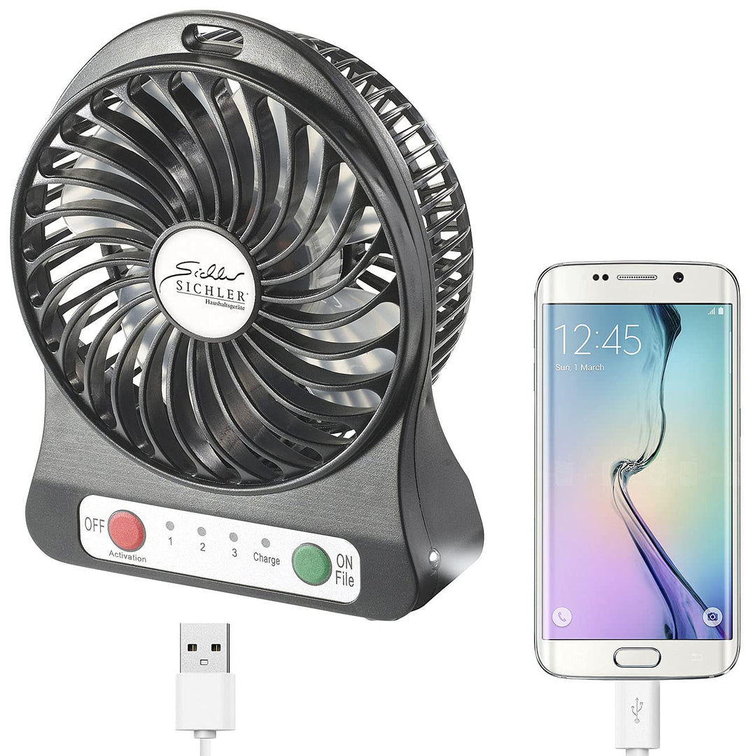 Sichler Haushaltsgeräte Ventilator mit Batterie: 3in1-Akku-Tisch-Ventilator mit Powerbank-Funktion &