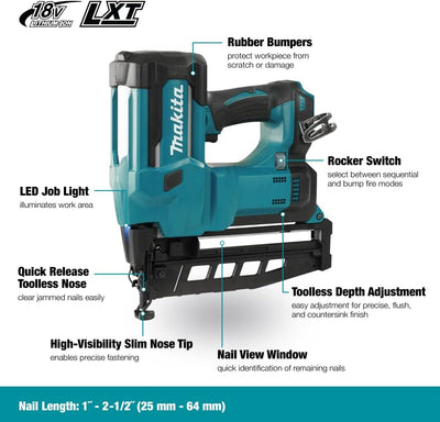 Makita DBN600Z Akku-Stauchkopfnagler 64 mm 18 V (ohne Akku, ohne Ladegerät) Single Akku-Staubsauger,