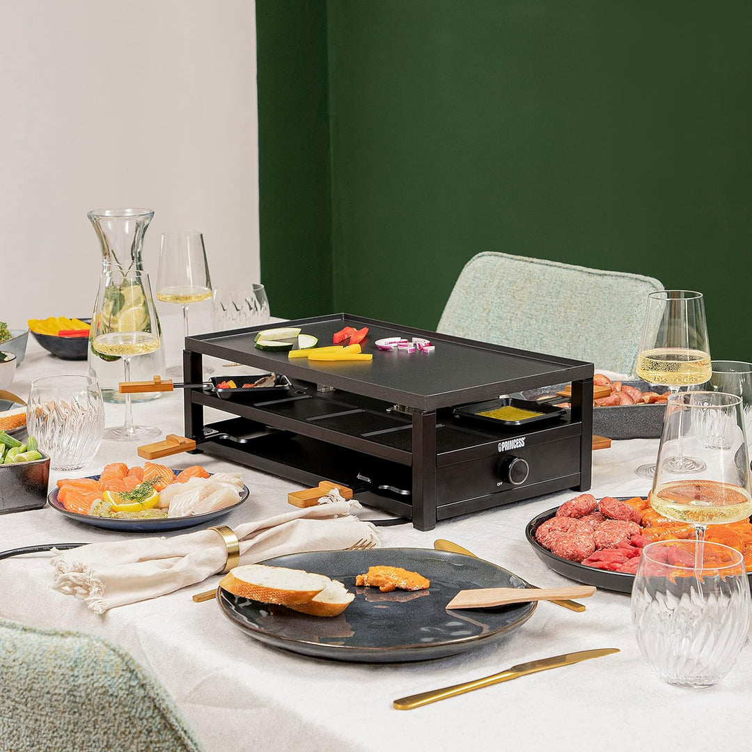 Princess Raclette Black Steel – 8 Personen Parkdeck für Pfännchen grosse Kochfläche 44 x 25 cm regel