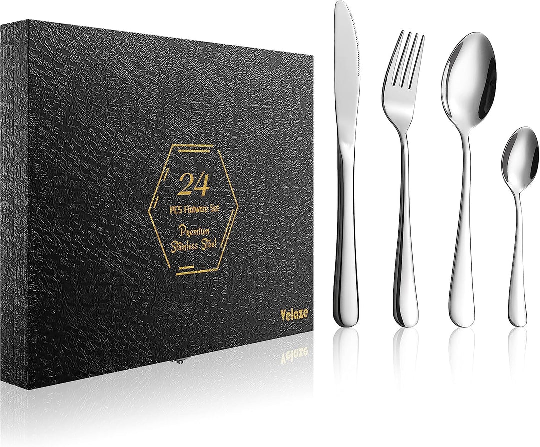 Velaze Besteck Set 6 Personen aus Premium-Edelstahl, Besteckset mit Schöner Geschenkbox, Spiegelpoli