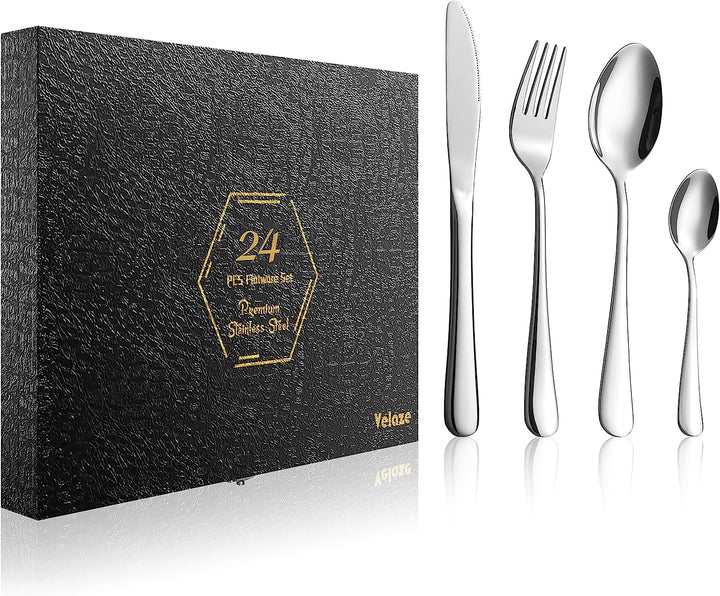 Velaze Besteck Set 6 Personen aus Premium-Edelstahl, Besteckset mit Schöner Geschenkbox, Spiegelpoli