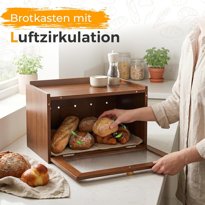 AH® Brotkasten Holz Vintage mit Sichtfenster – Brotbox mit Belüftung – Bread box– Brotbewahrung im L