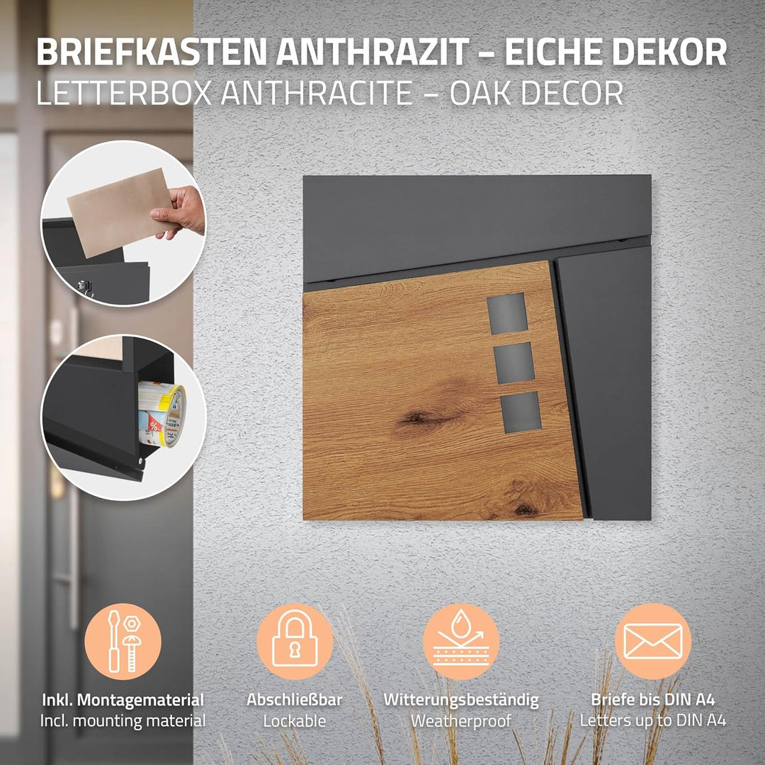 ML-Design Briefkasten 37x36,5x11 cm Anthrazit/Holzoptik aus Stahl, Postkasten mit Zeitungsfach, Absc