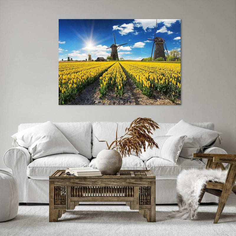 Bilder auf Leinwand 100x70cm Leinwandbild Tulpen Windmühle Wiese Landschaft Gross Wanddeko Bild Schl