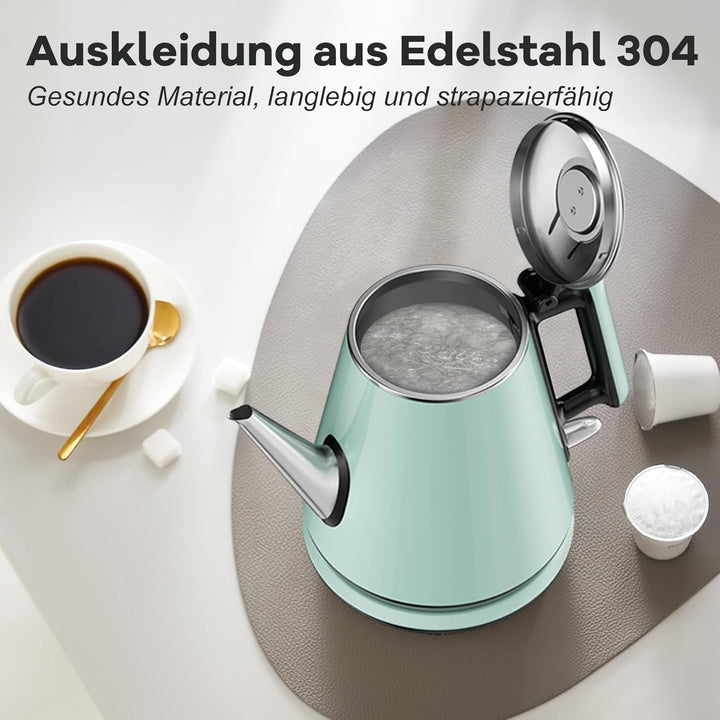 0,9L Wasserkocher - 304 Edelstahl, 1360W Schnellkochfunktion in 4-6 Minuten, Klassisches Kompaktes D