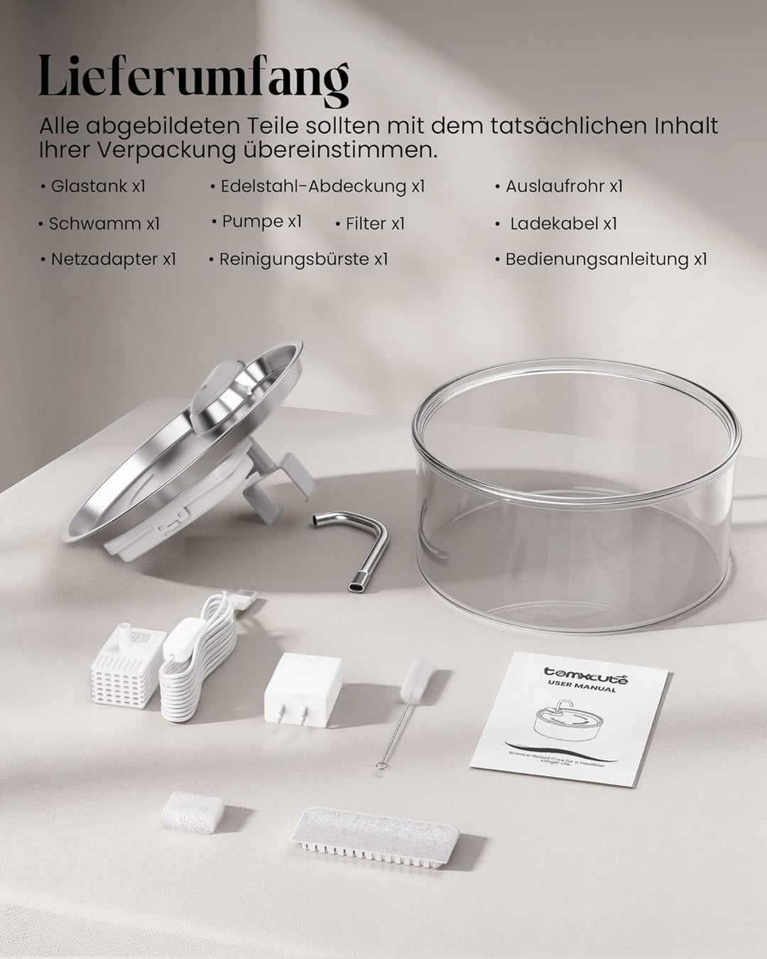 Tomxcute Trinkbrunnen für Katze - 108oz/3,2 L Katzenbrunnen aus Glas mit Wasserhahn-Design, Ultra le