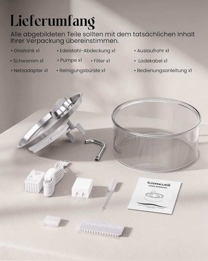 Tomxcute Trinkbrunnen für Katze - 108oz/3,2 L Katzenbrunnen aus Glas mit Wasserhahn-Design, Ultra le