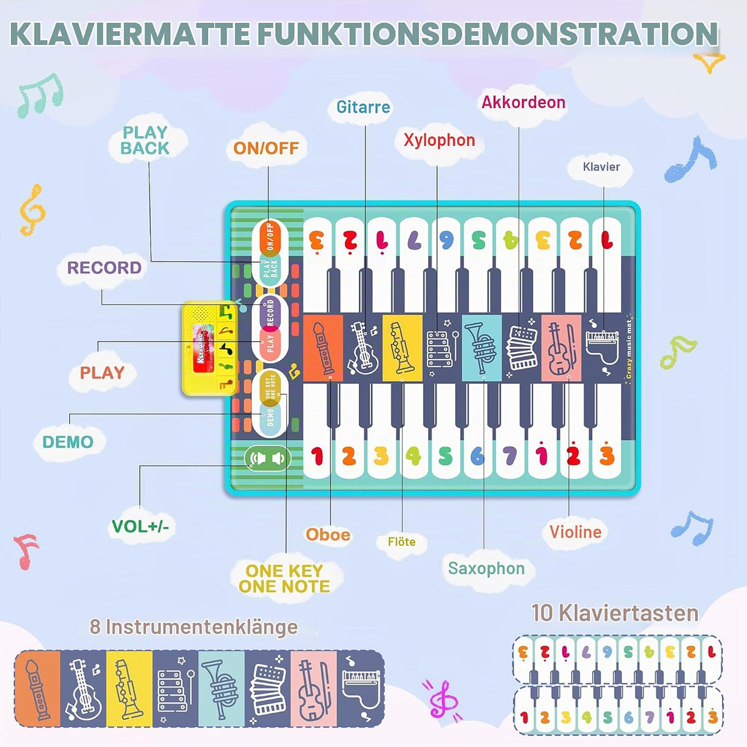 Baby Musikmatte Klaviermatte mit 8 Musikinstrumente, Keyboard Kinder Tanzmatte, Doppelte Piano Matte