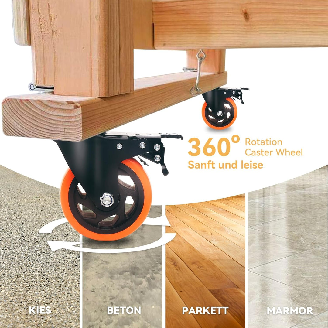 BAOLIHUI 100mm Orange Schwerlastrollen - 4er Set Lenkrollen mit Bremsen bis 600KG inkl. Montagezubeh