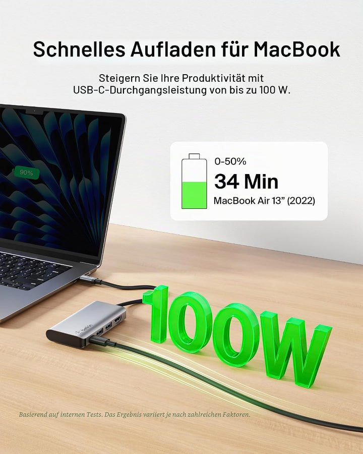 Belkin USB-C-4-in-1-MultiPort-Adapter (mit 4K-HDMI, USB-C, 100 W PD zum Laden per „Passthrough“, 2 U