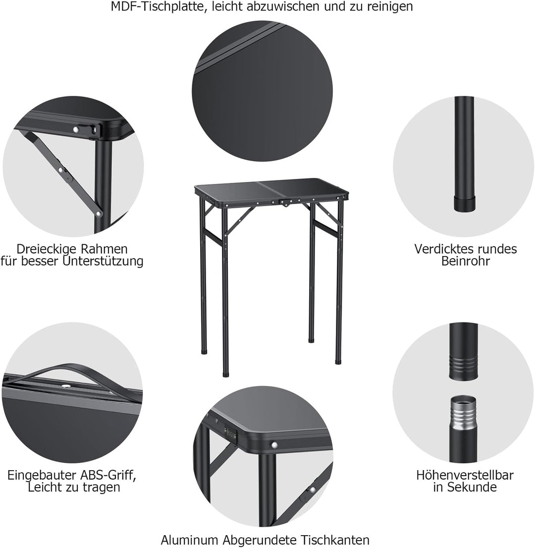 JiGiU Campingtisch 60x40cm Klapptisch mit 3 Höhenverstellbar 27cm/51cm/74cm Aluminium-Rahmen Kompakt