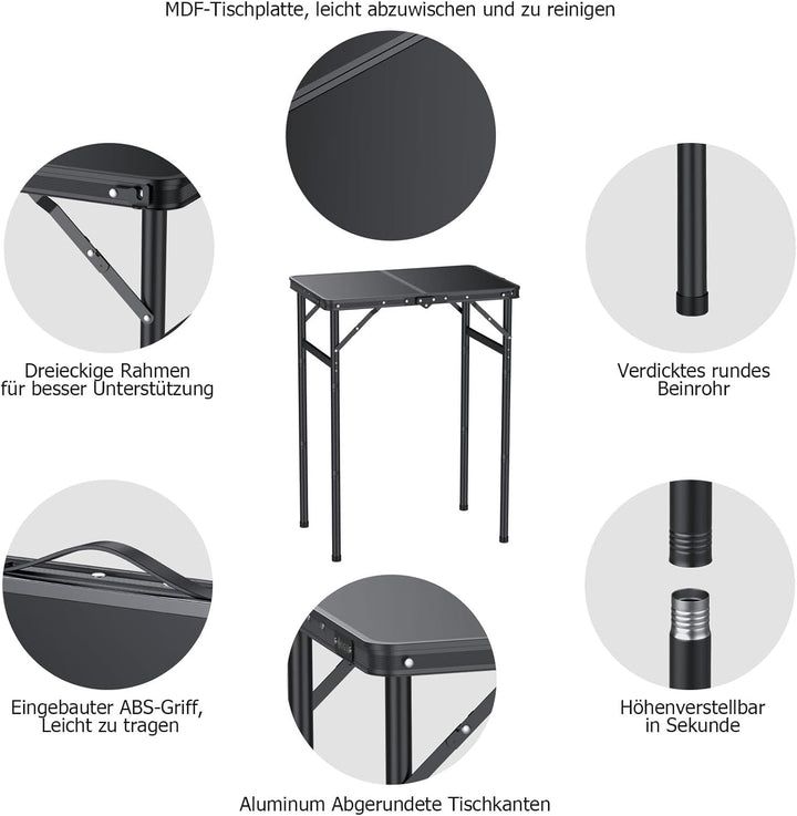 JiGiU Campingtisch 60x40cm Klapptisch mit 3 Höhenverstellbar 27cm/51cm/74cm Aluminium-Rahmen Kompakt