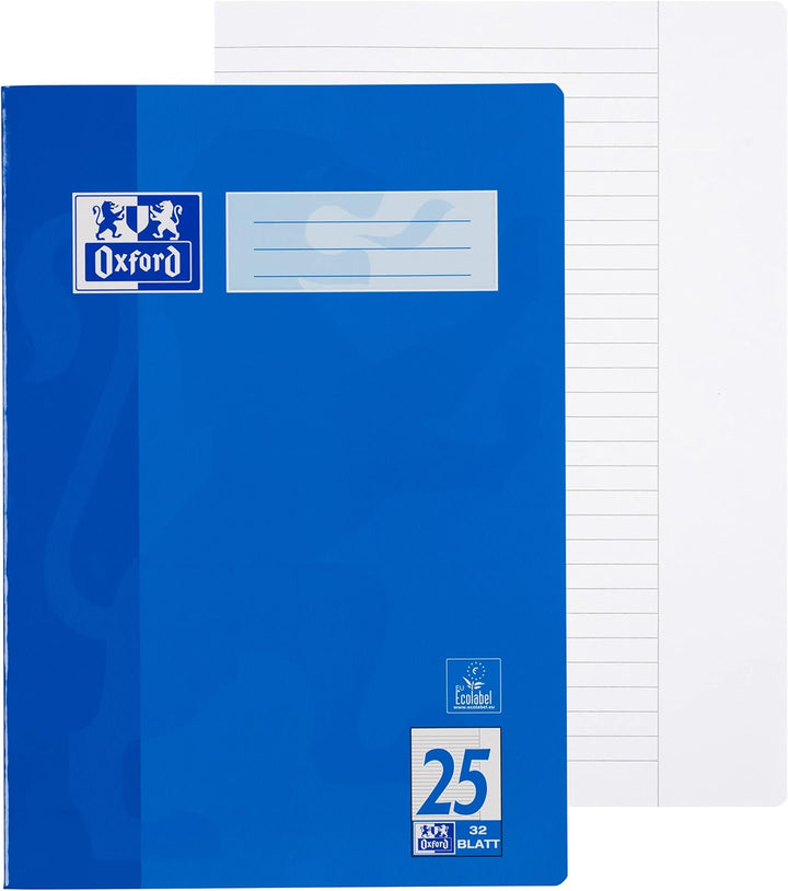 Oxford Schulheft A4, 32 Blatt, Lineatur 25, liniert, blau, 10 Stück Single, Single