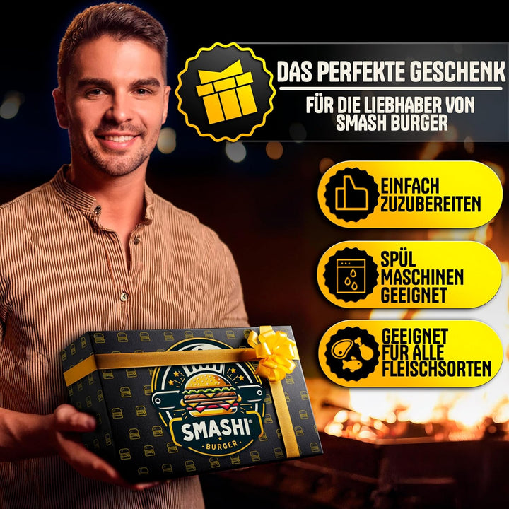 SMASHI® Smash Burger Set aus Edelstahl 304 – Professionelles Set mit Antihaft-Presse, Grillspachtel