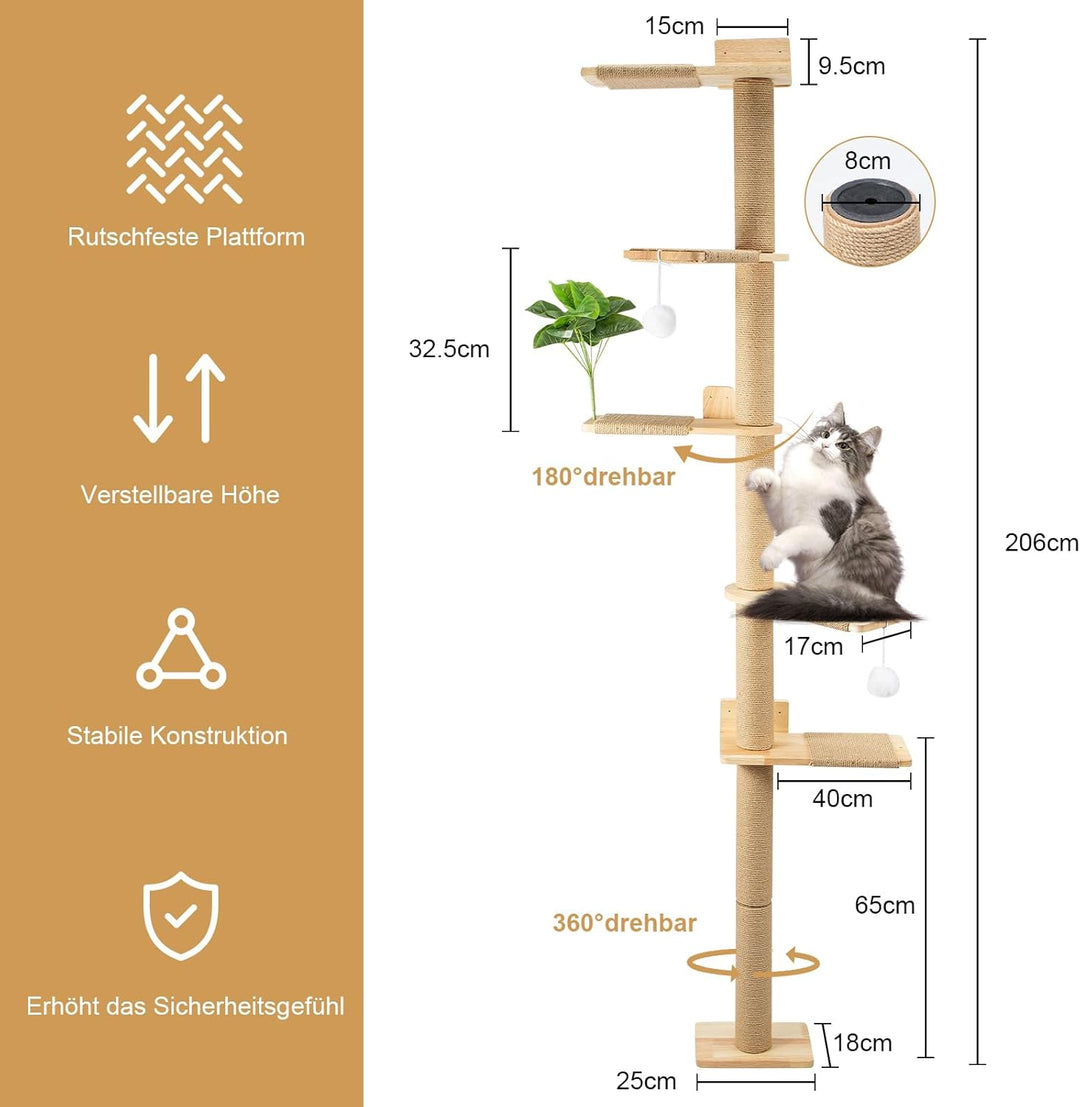 Youyijia Katzenkratzbaum 206cm aus Naturkautschukholz, 5 Etagen Wandmontierter Katzenbaum mit Verbre