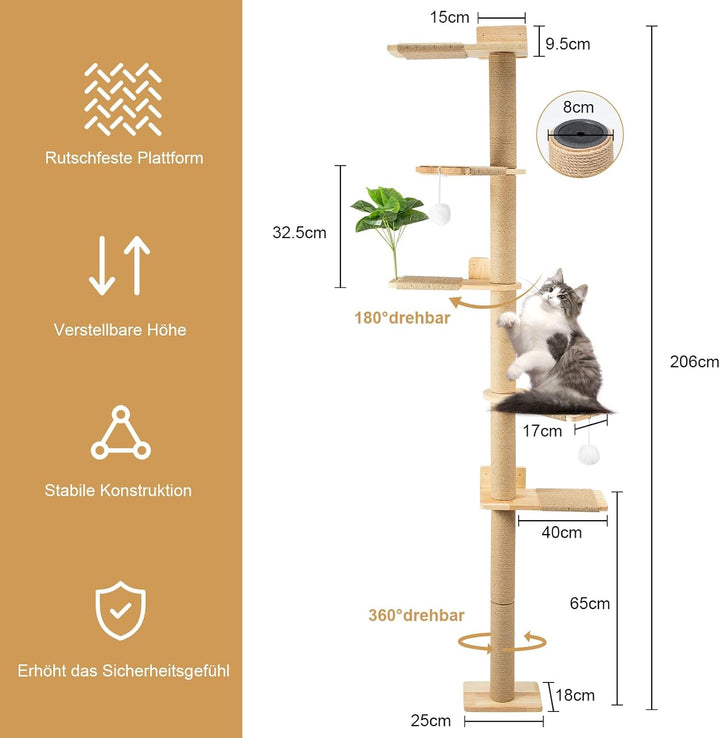 Youyijia Katzenkratzbaum 206cm aus Naturkautschukholz, 5 Etagen Wandmontierter Katzenbaum mit Verbre