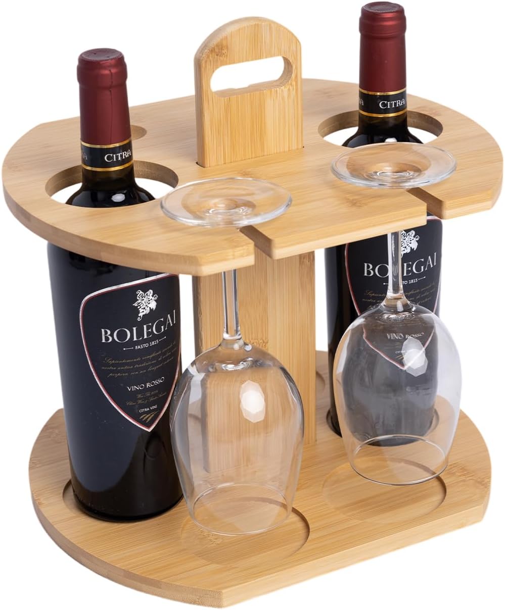 Kleines Weinregal aus Bambus, tragbares Weinglasregal, hält 2 Flaschen und 4 Gläser für Theke, Weinb