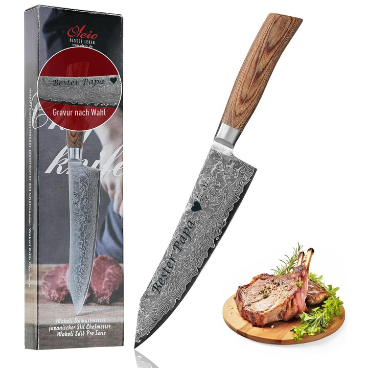 Wakoli EDIB Pro Damast Kiritsuke Chefmesser mit Gravur – Personalisiertes Messer, 20cm Klinge aus 67