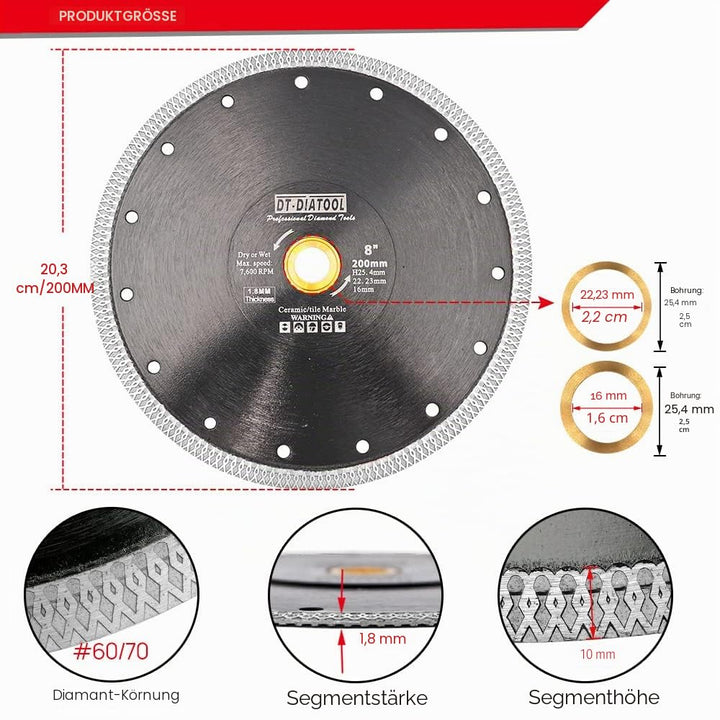 DT-DIATOOL Diamant Trennscheibe 200 mm x 25,4 mm/22,23 mm/16mm Sägeblatt mit X Mesh Turbo für Porzel
