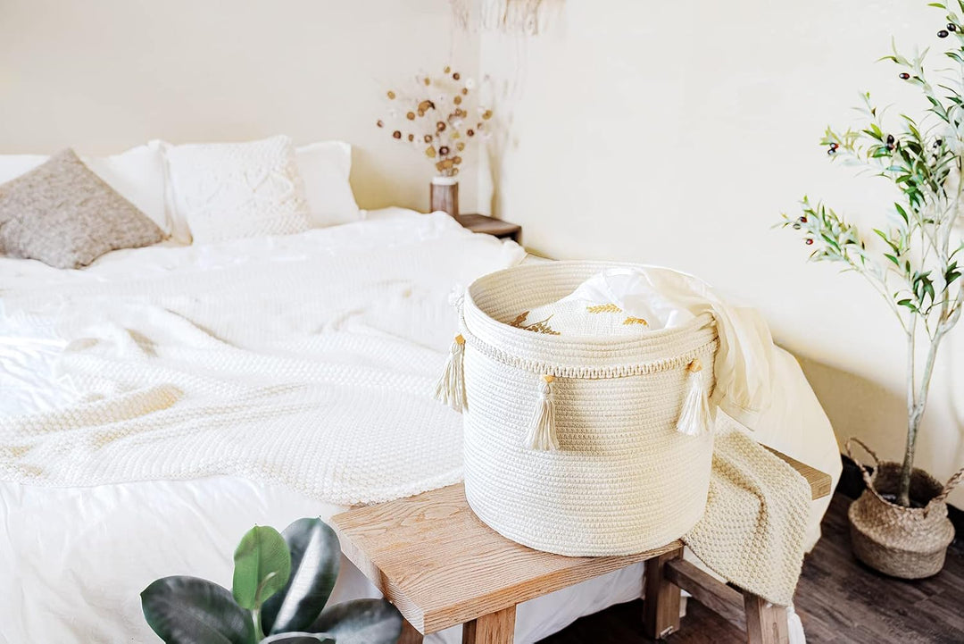 Mkono Makramee Dekorativer Baumwollseilkorb Boho Woven Quaste Schrank Aufbewahrungsbehälter Organize