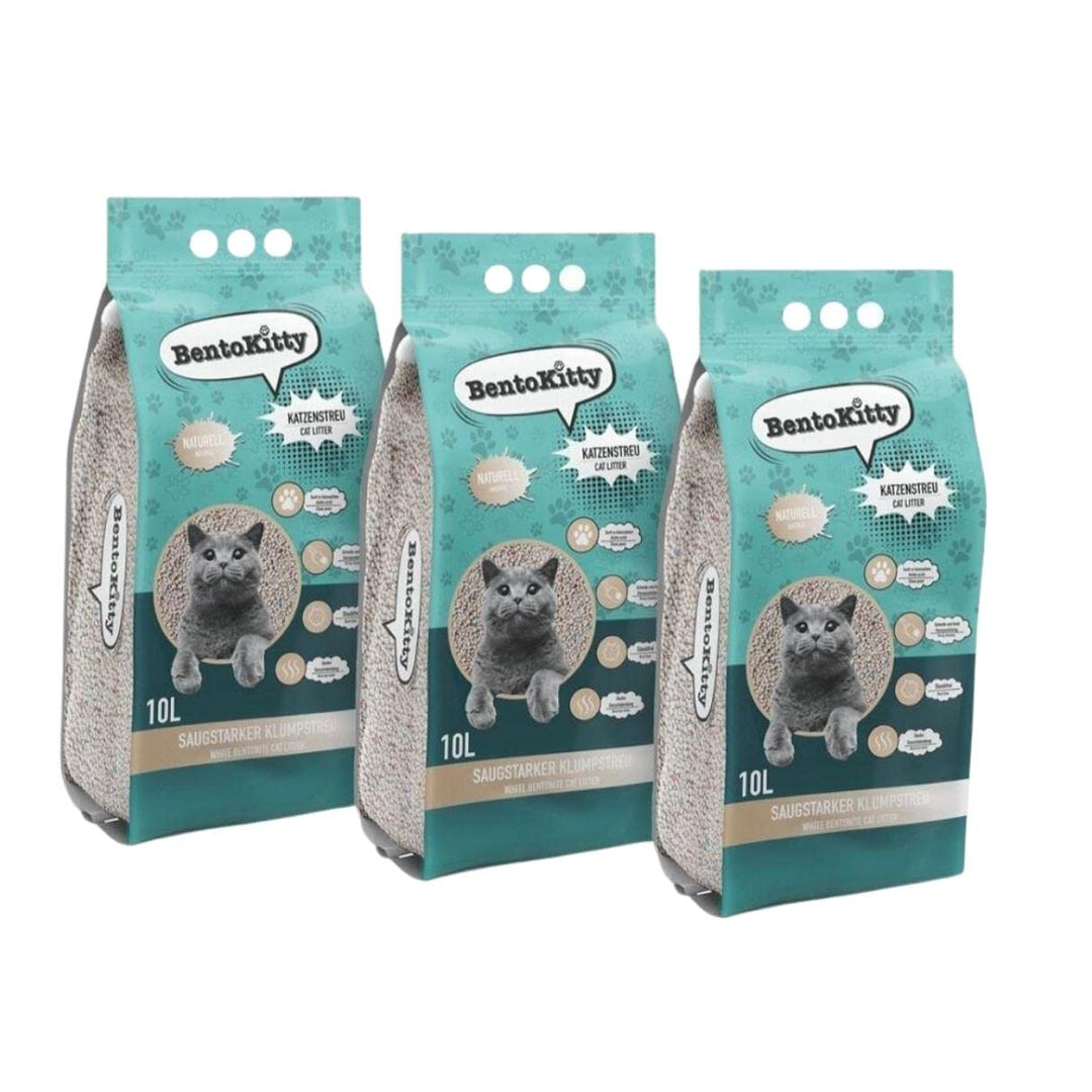 BentoKitty Katzenstreu (30L, 3er Pack) Naturell, Klumpend, weiss, feinkörnig, Klumpstreu aus Bentoni