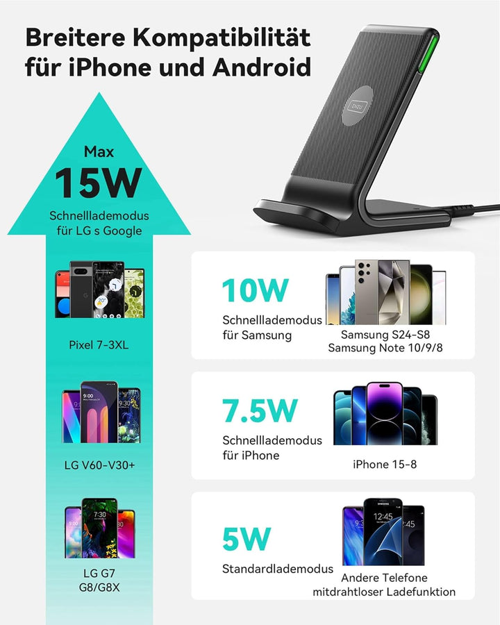 INIU Wireless Charger Stand, 15W Qi Zertifiziert Induktive Ladestation Schnelles Kabelloses Ladegerä