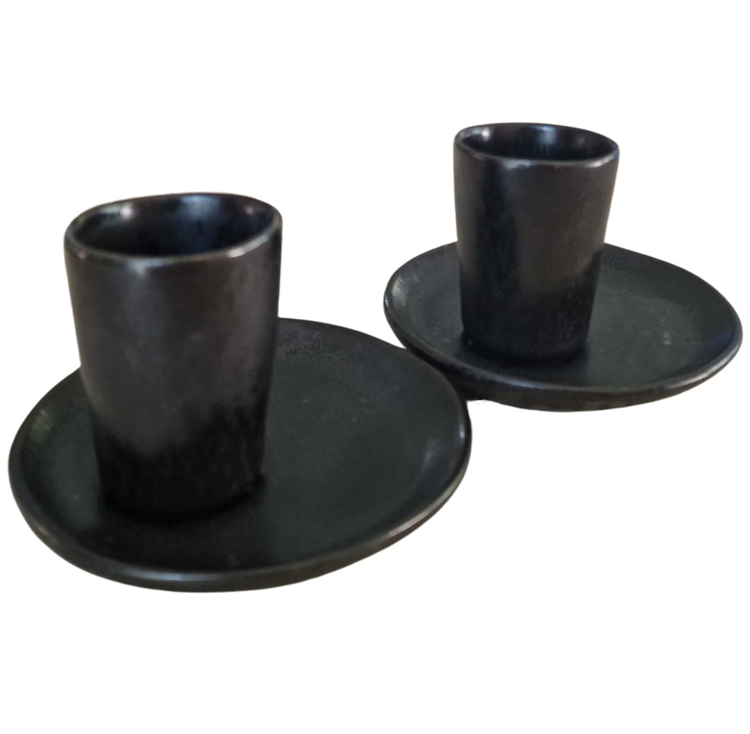 PintoCer - Espresso Kaffeetassen aus weissem Steingut, ohne Griff mit brauner Untertasse (Schwarz/Sc