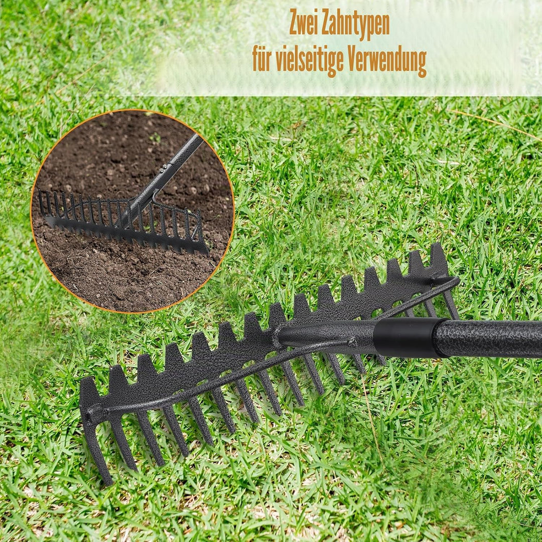 Garten Rechen, Metallharke mit 17 Zinken, Hochleistungs-Gartenharke 4 FT mit Edelstahlgriff, grau, 4