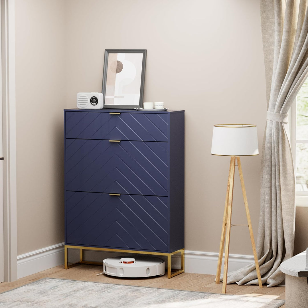 UEV Schuhschrank mit 3 Klappen schmal, 80x24x122cm Schuhkipper (Blau) | Schuhablage Platzsparend mit