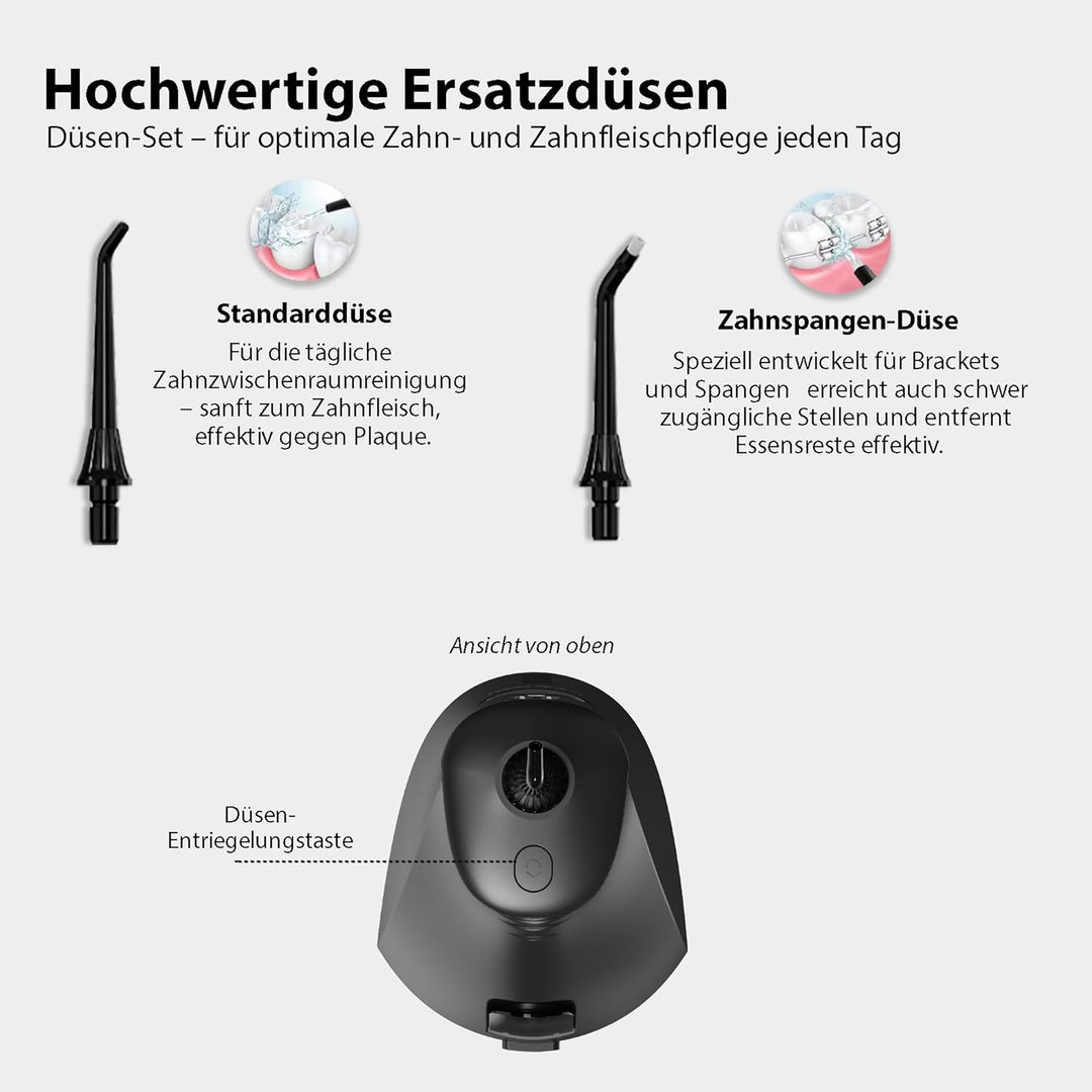 Tristan Auron Munddusche – 2 Ersatzdüsen und Reisetasche, 5 Modi, 8 Druckstufen inkl. Shoot Modus, 3