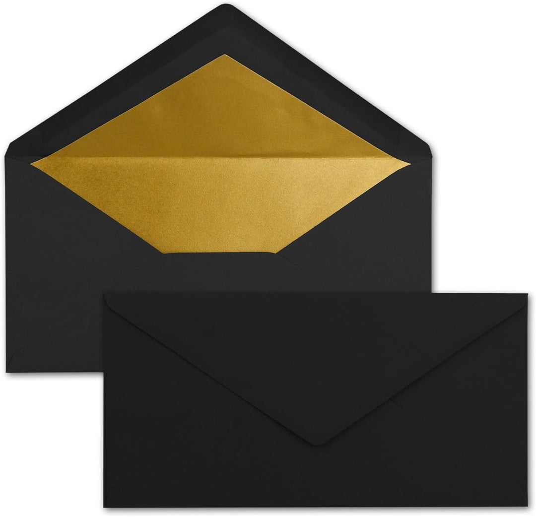 75 Brief-Umschläge DIN Lang - Schwarz mit Gold-Metallic Innen-Futter - 110 x 220 mm - Nassklebung -