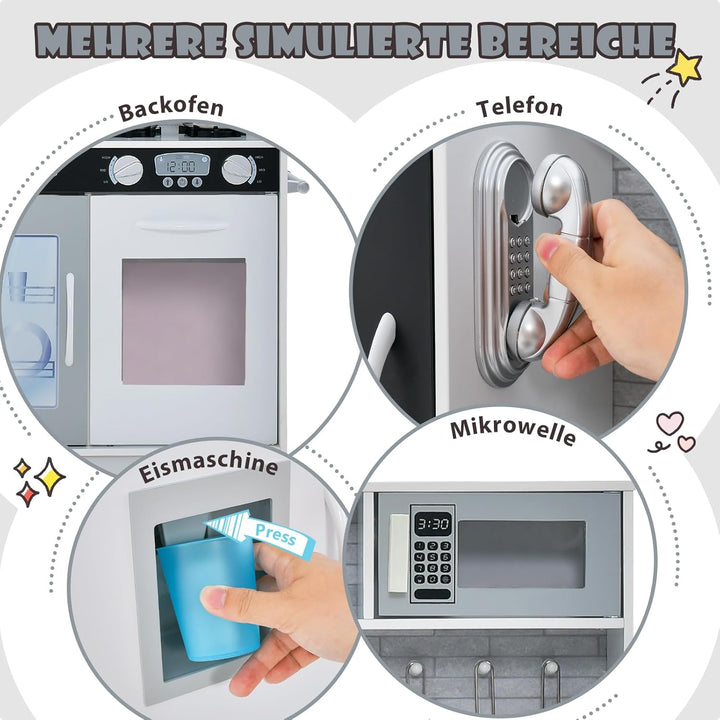 COSTWAY Kinderküche mit 10 Spielzubehör, Spielküche Kinder mit Tafel, Spielzeugküche mit Mikrowelle