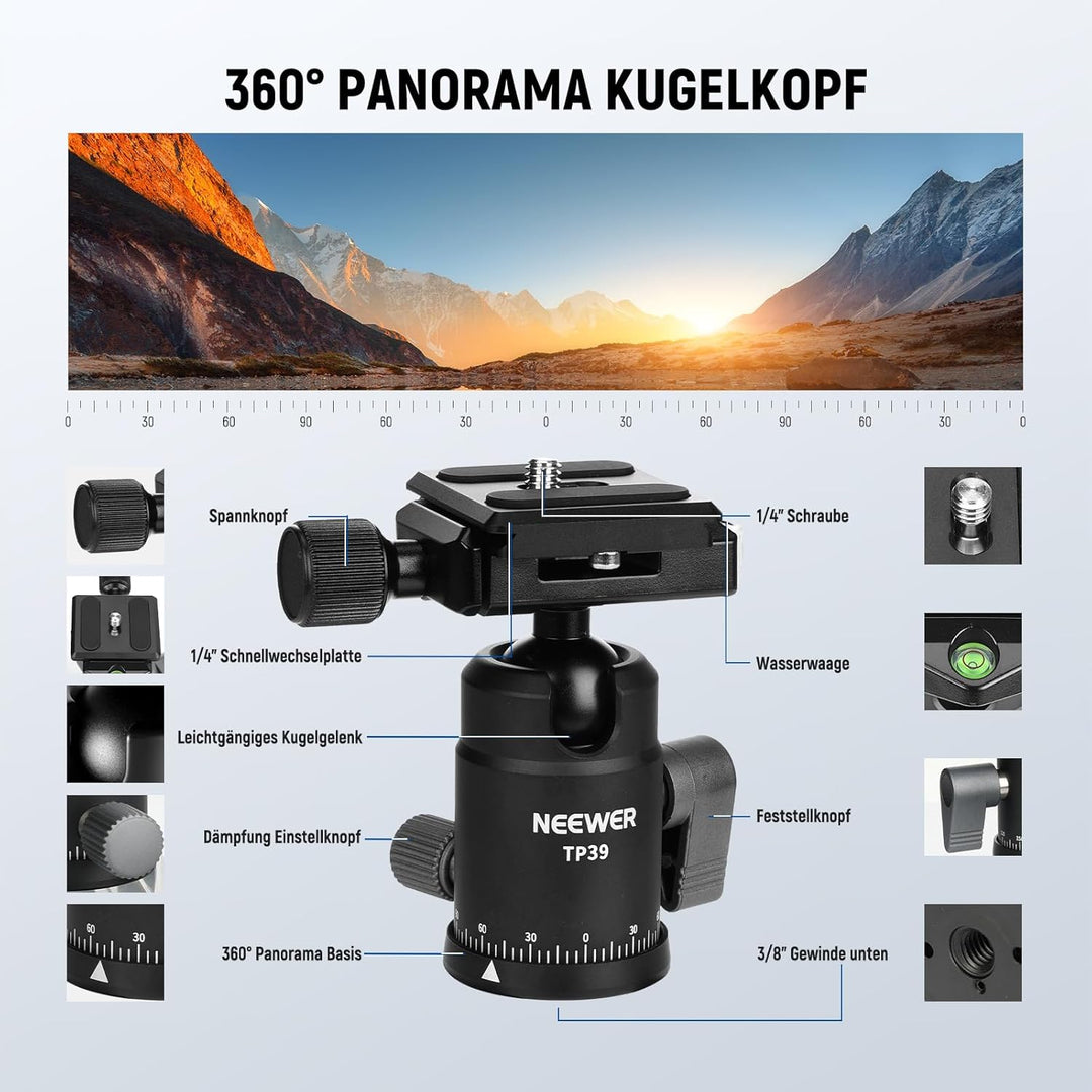 NEEWER Carbonfaser Kamerastativ Einbeinstativ, 65" leichtes kompaktes tragbares DSLR Video 360°Reise
