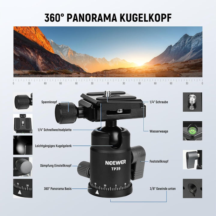 NEEWER Carbonfaser Kamerastativ Einbeinstativ, 65" leichtes kompaktes tragbares DSLR Video 360°Reise