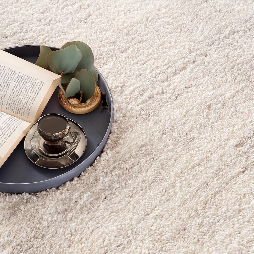 payé Hochflor-Teppich Wohnzimmer Cream - 120x160cm - Meliert mit Fransen - Weiche Schlafzimmer-Teppi