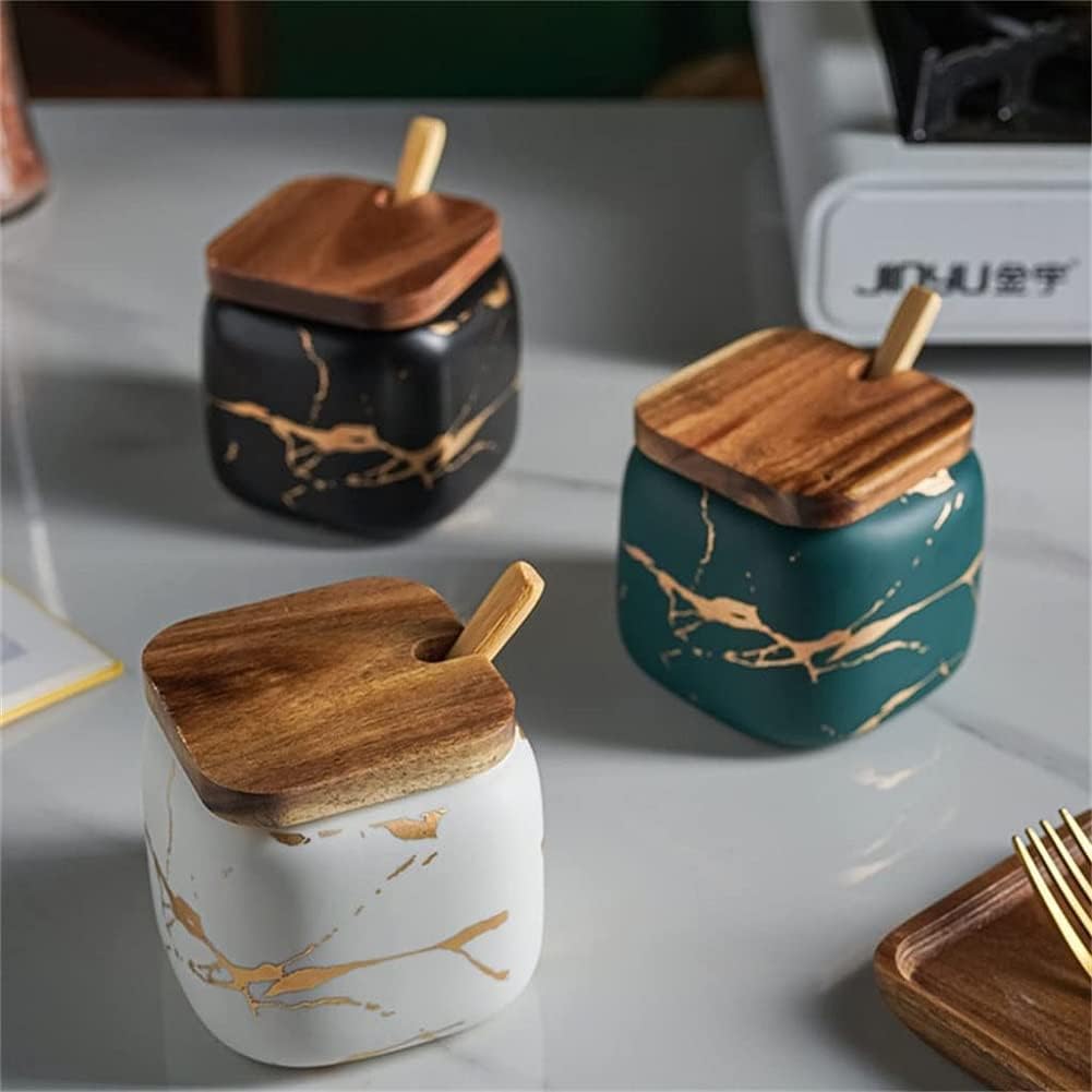 MAGICVOGEL 2er Set Keramik Gewürzdosen Marmor Optik Gewürzgläser mit Löffel und Deckel Zukerdose Sal