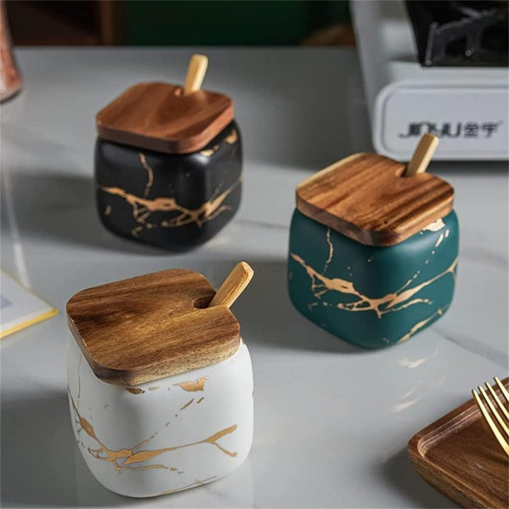 MAGICVOGEL 2er Set Keramik Gewürzdosen Marmor Optik Gewürzgläser mit Löffel und Deckel Zukerdose Sal