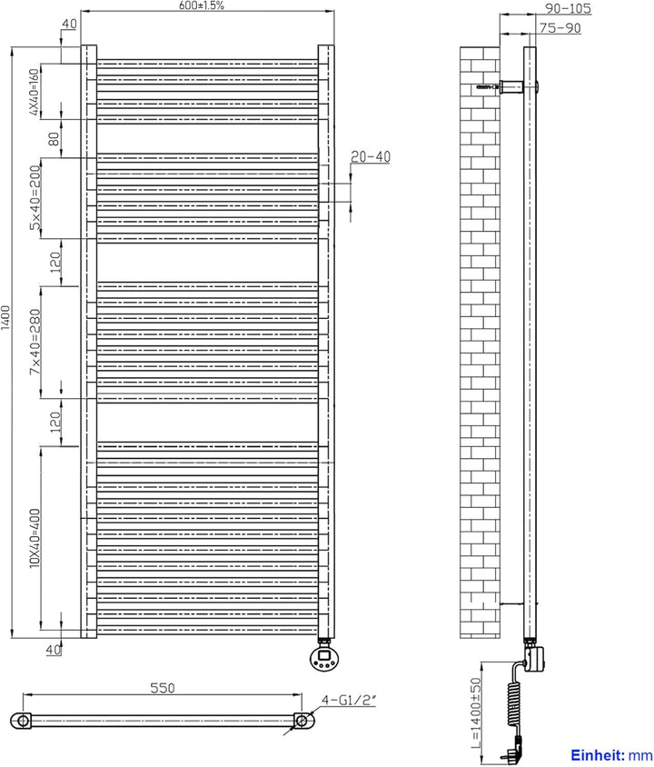 Heilmetz Badheizkörper Elektrisch 140x60cm Badheizkörper Elektrisch mit Thermostat+Timer-Funktion Ge
